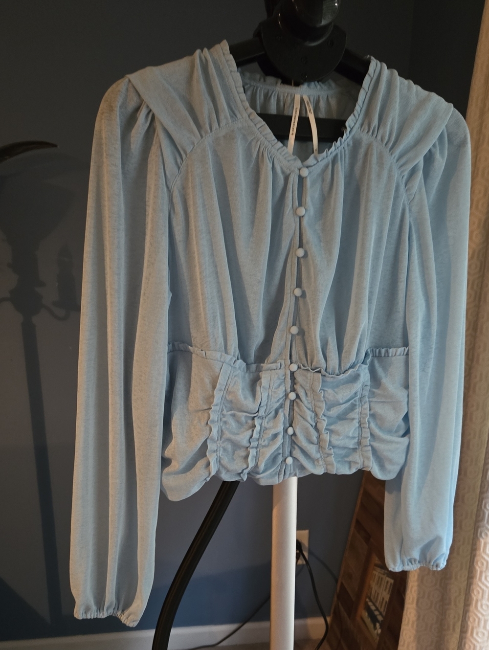 Anthropologie Powder Blue Button-Front Ruched Waist Blouse